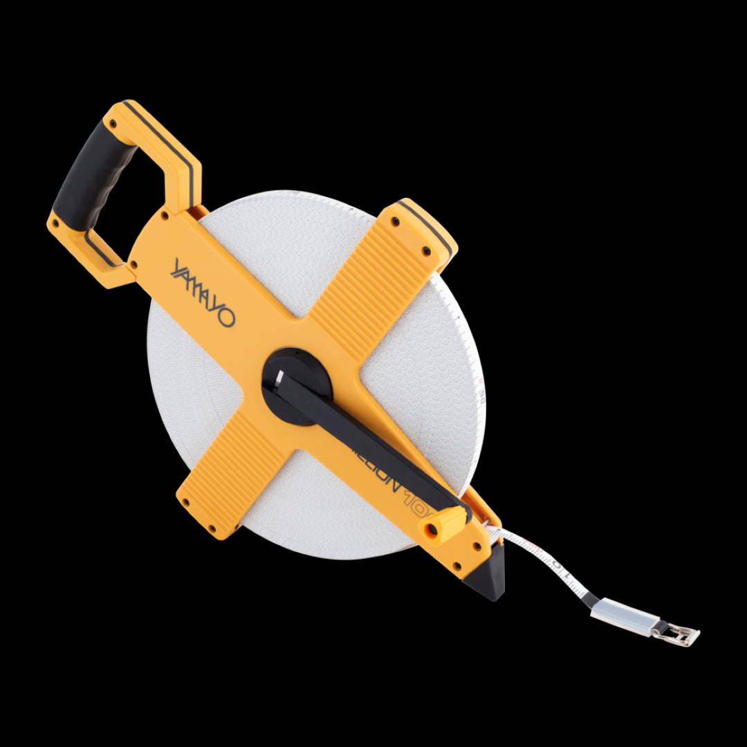 YAMAYO 100m PVC Coated Fibreglass Measuring Tape with UV-printed markings, ABS reel, and non-conductive properties for safety.