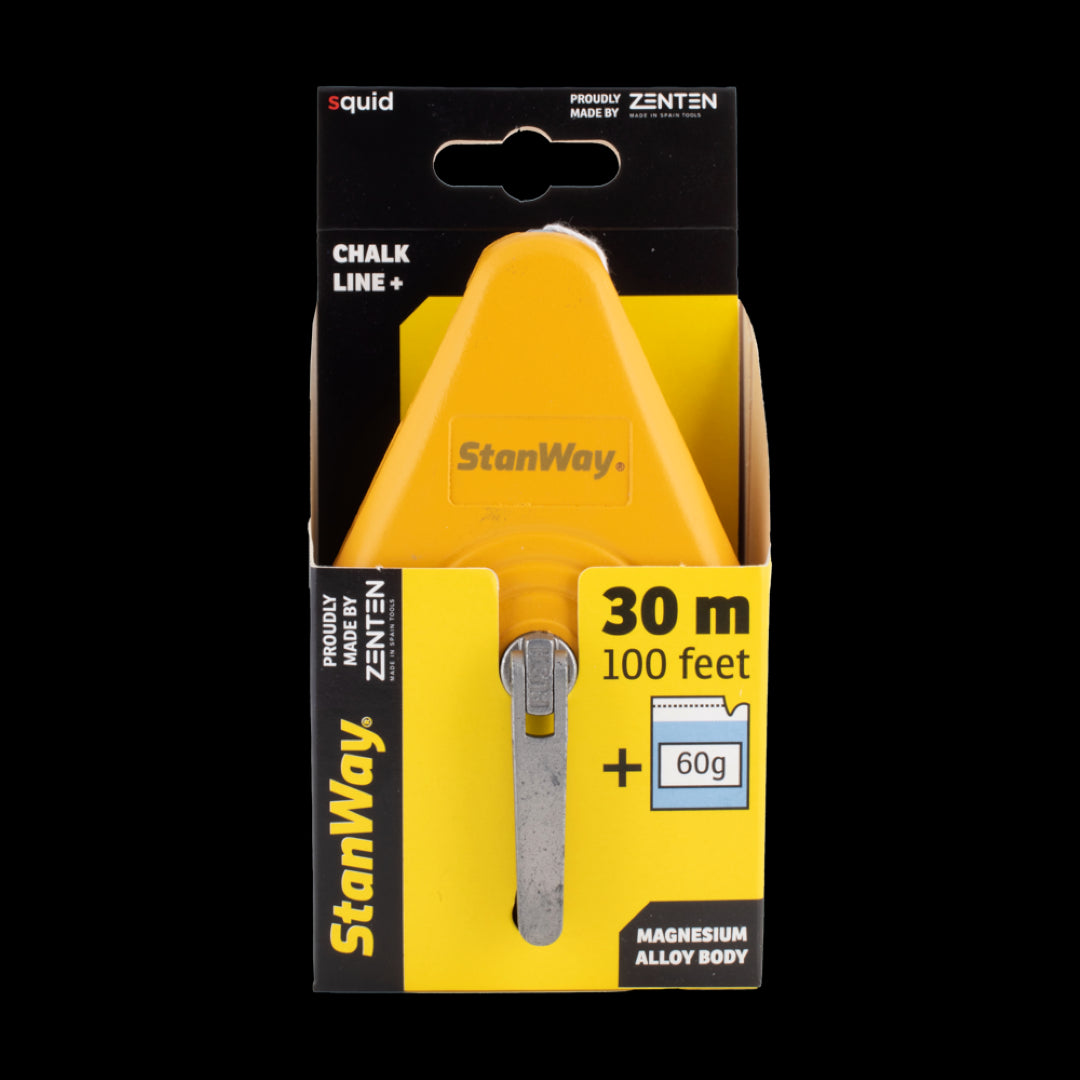 STANWAY 30m Chalk Line with blue chalk, featuring a durable magnesium body, ergonomic design, and hardened hook for precision marking.