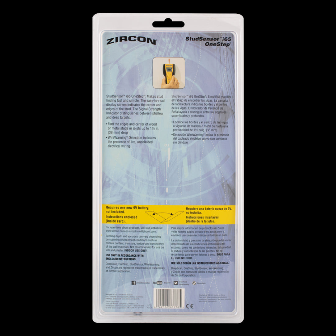 ZIRCON StudSensor i65 OneStep stud finder displaying an LCD screen, with features for detecting wood, metal studs, and live voltage.