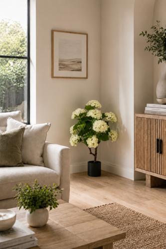 Real Touch White Hydrangeas Artificial Plant in Black Pot