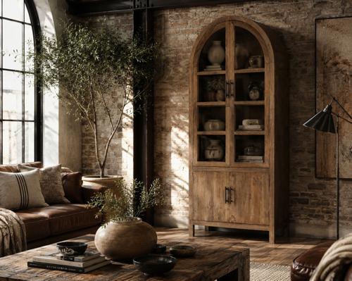 Lisbon Old Elm Arched Glass Display Cabinet