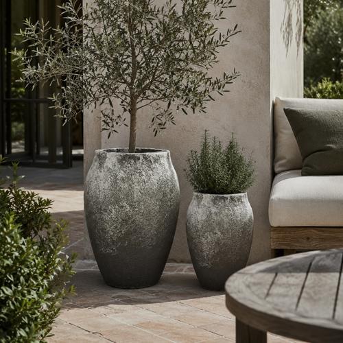 Black/grey Fibre Cement Planter Pot - Set of 2