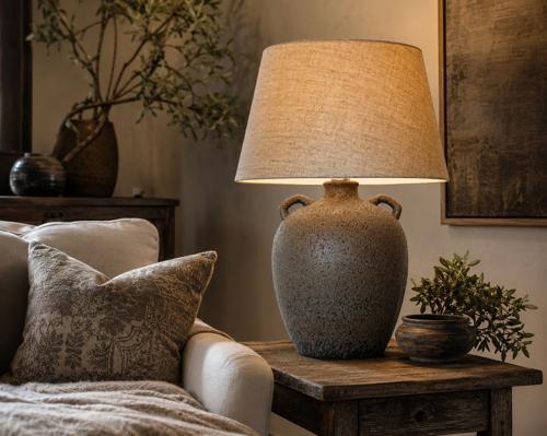 Brown Ceramic Table Lamp with Hessian Shade 500x500x730