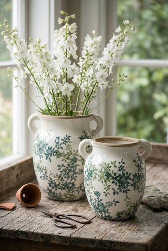 Ceramic Green & Blue Floral Vase 190x160x195
