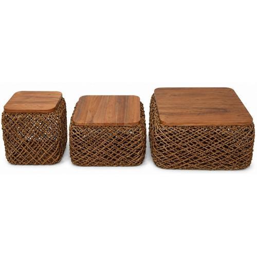 Banana Leaf & Teak Storage Coffee Table Set of 3