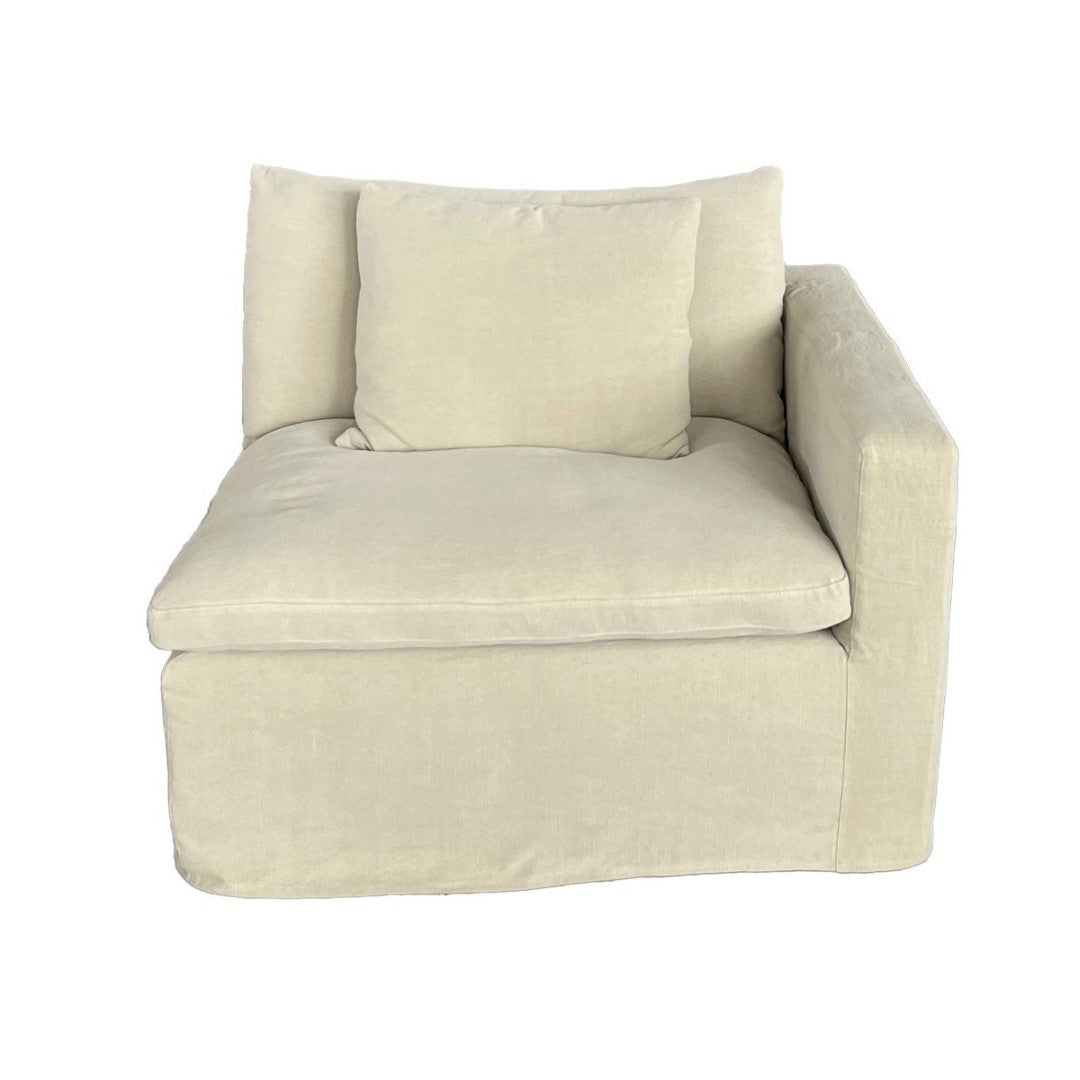 Plush hemp-colored chaise lounge with clean lines and right-arm configuration, perfect for modern living spaces.