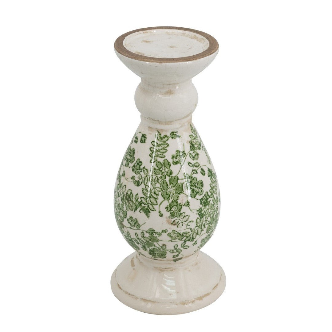 Large green and white ceramic candle holder featuring intricate flower details, perfect for elegant home decor and cozy ambiance.