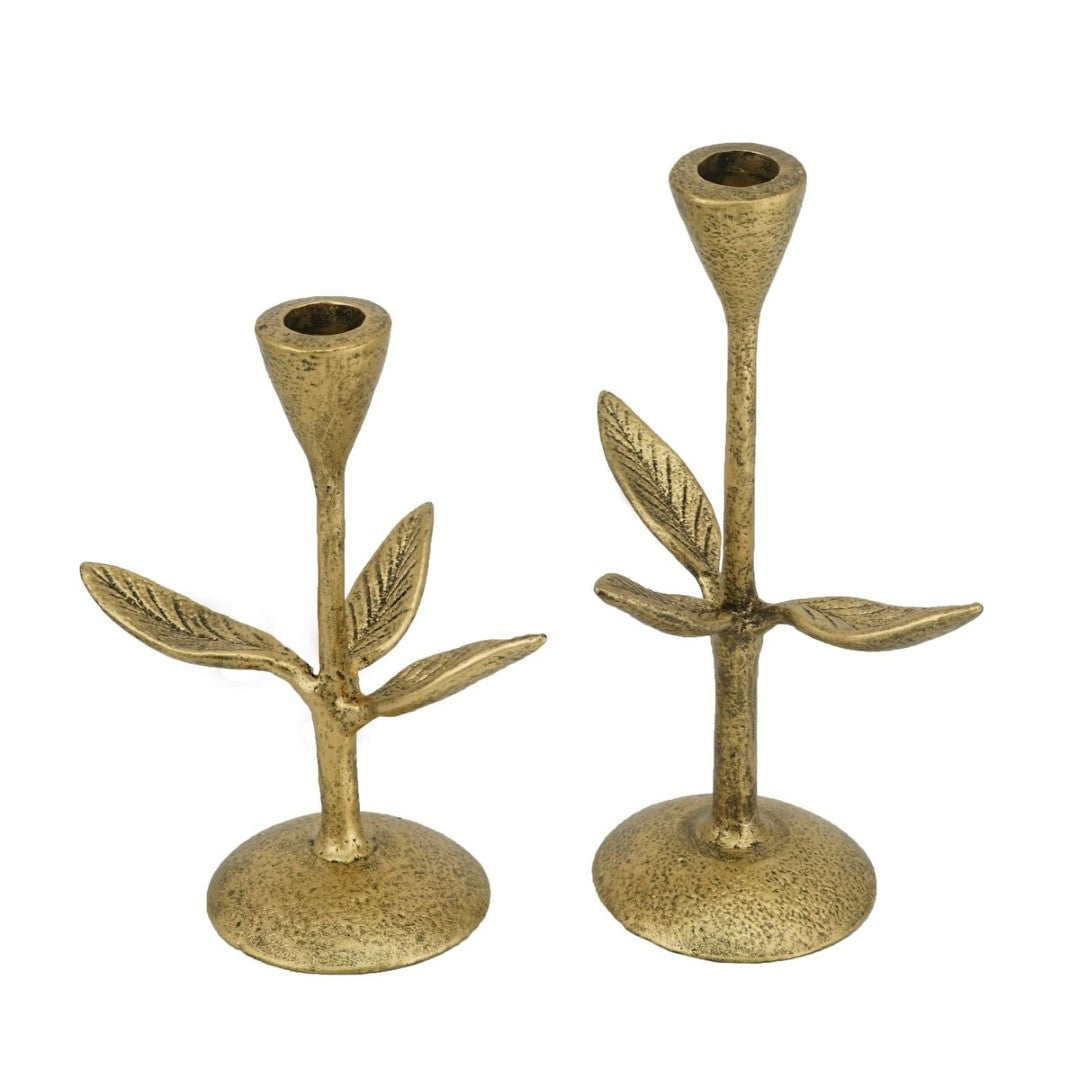 Elegant gold flower candle holder set of two, perfect for creating cozy ambiance and stylish decor.