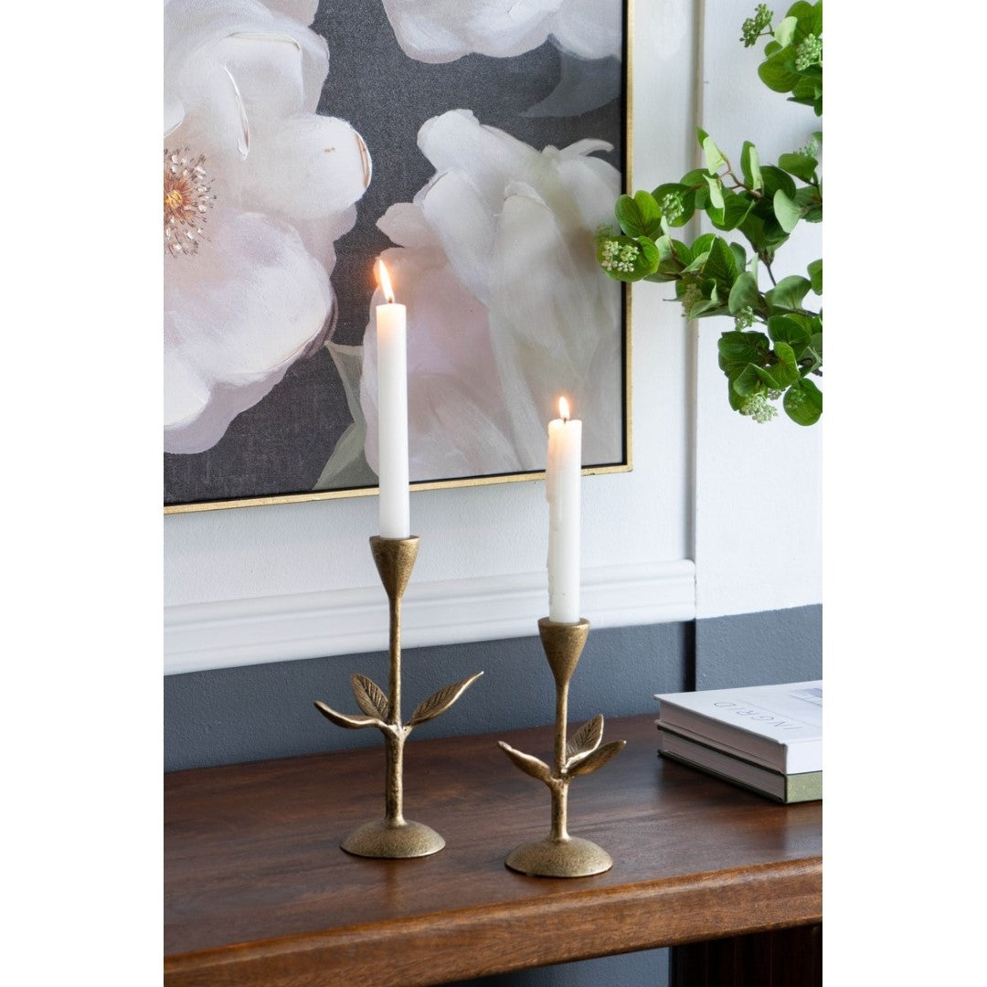 Elegant gold flower candle holder set of 2, perfect for creating a cozy ambiance and enhancing home decor.