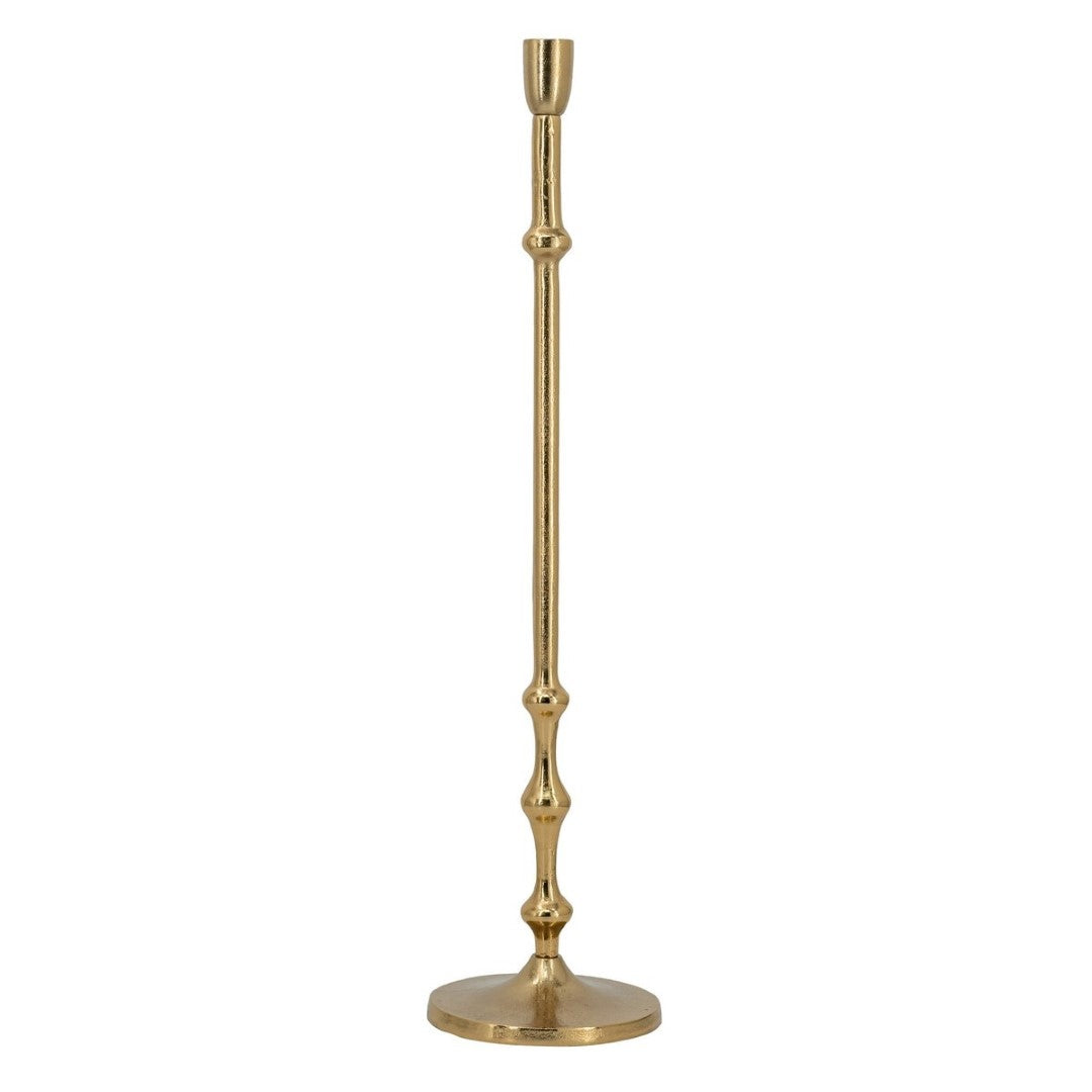 Elegant gold taper candle holder made of aluminum, measuring 11.4 x 11.4 x 39.4 cm, perfect for stylish home decor.
