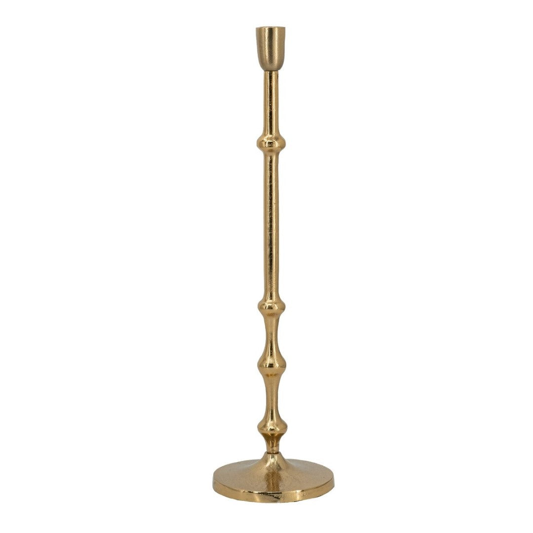Elegant gold taper candle holder made of aluminum, adding sophistication to any decor with its slim design.
