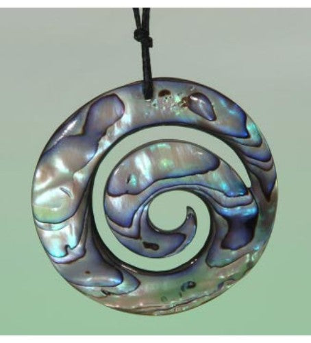 Vibrant Paua Closed Koru Pendant on adjustable black cord, symbolizing new beginnings and crafted from unique shell.