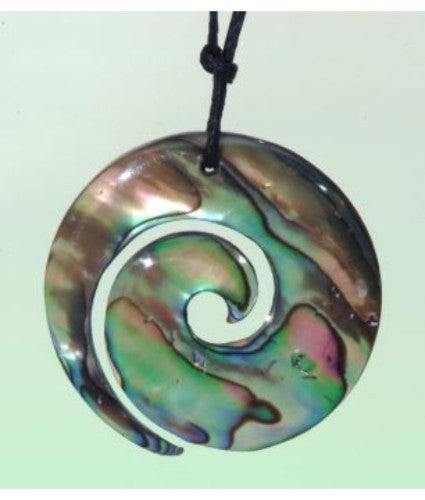 Paua Open Koru Pendant showcasing vibrant swirls, symbolizing growth and renewal, on an adjustable black wax cord.