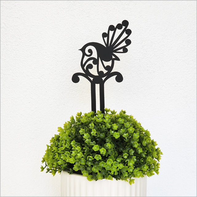 Plant Stake - Koru Piwakawaka/Fantail Freestanding Art (Black Matt Acrylic)