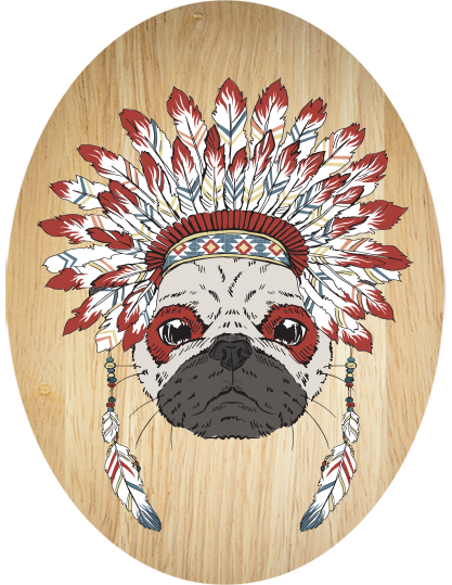 Tribal Pug plywood wall art, eco-friendly and vibrant, perfect for home decor and easy to hang. Measures 210mm x 280mm.