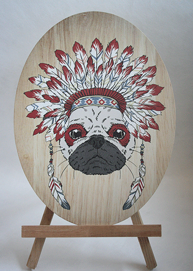 Tribal Pug Plywood Oval Wall Art, eco-friendly, vibrant colors, unique design, easy to hang, perfect for home decor.