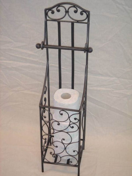 Satin black toilet roll holder with a basket, stylishly storing rolls and enhancing modern bathroom decor.