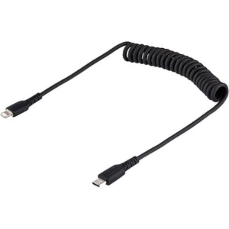 Coiled 50 cm Lightning to USB-C cable, durable with aramid fiber, perfect for charging and syncing on the go.