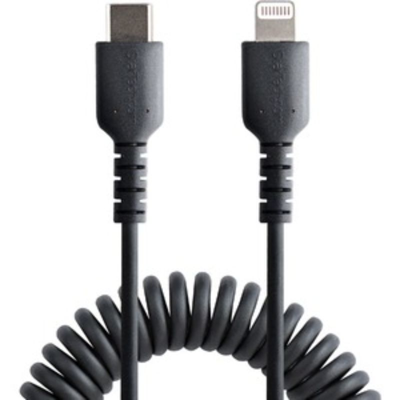 Coiled 50 cm Lightning to USB-C cable with aramid fiber, durable design, MFi certified for reliable charging and syncing.