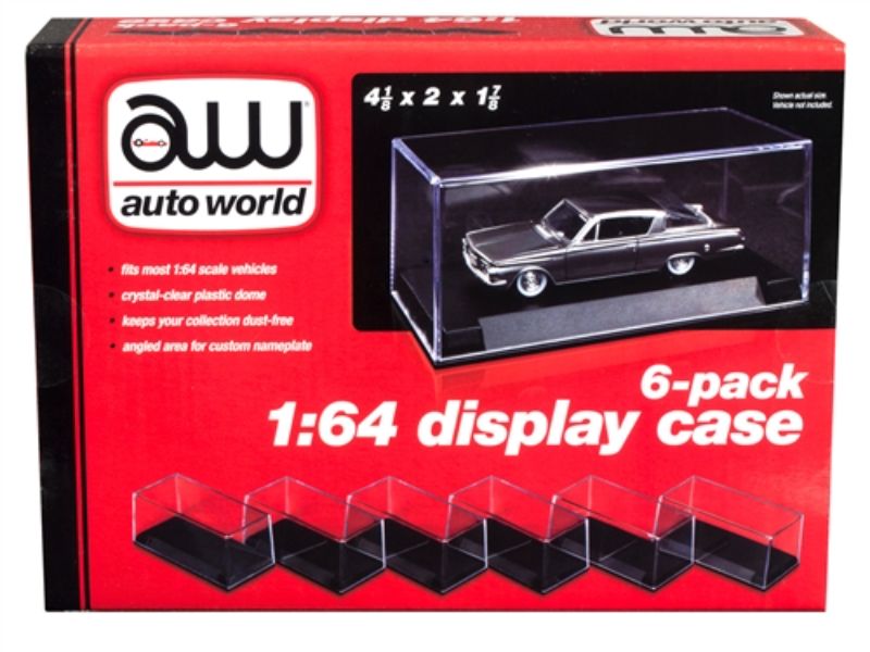 Clear plastic display cases for 1/64 scale vehicles, 6-pack with nameplate area, keeps collectibles dust-free and showcased.