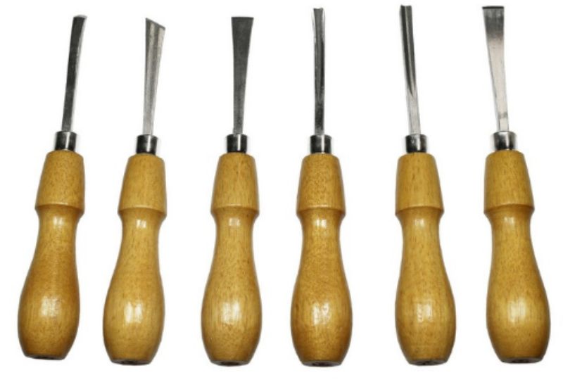 Six-piece Excel Gouging Tools set with ergonomic handles for precise wood carving, housed in a durable vinyl case.