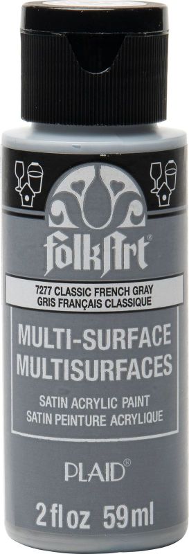 Folk Art FRENCH GRAY acrylic paint in a 2oz bottle, ideal for versatile crafting on multiple surfaces with a satin finish.