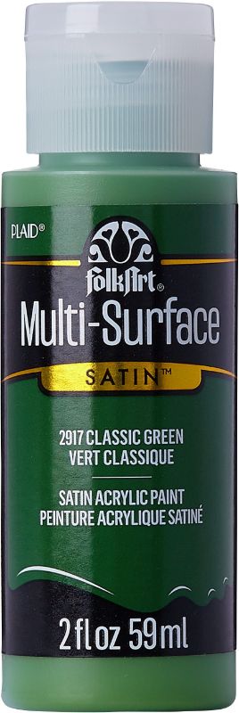 Folk Art CLASSIC GREEN acrylic paint, 2oz, versatile for wood, fabric, and more, offers rich color and satin finish.