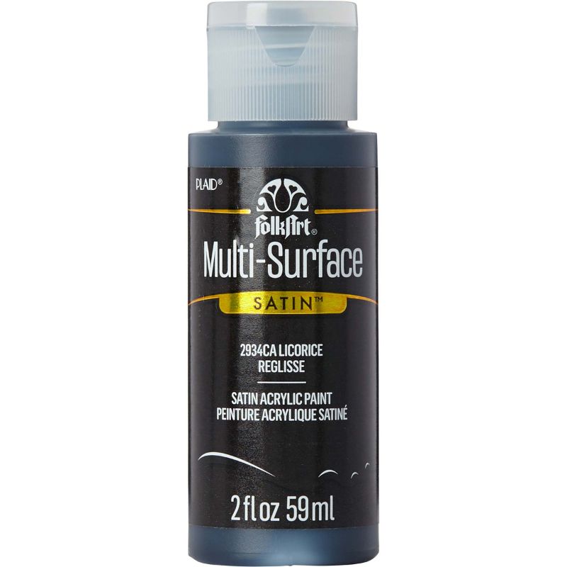 Folk Art Licorice Multi-surface Acrylic Paint in 2oz bottle, perfect for various surfaces with a smooth, satin finish.