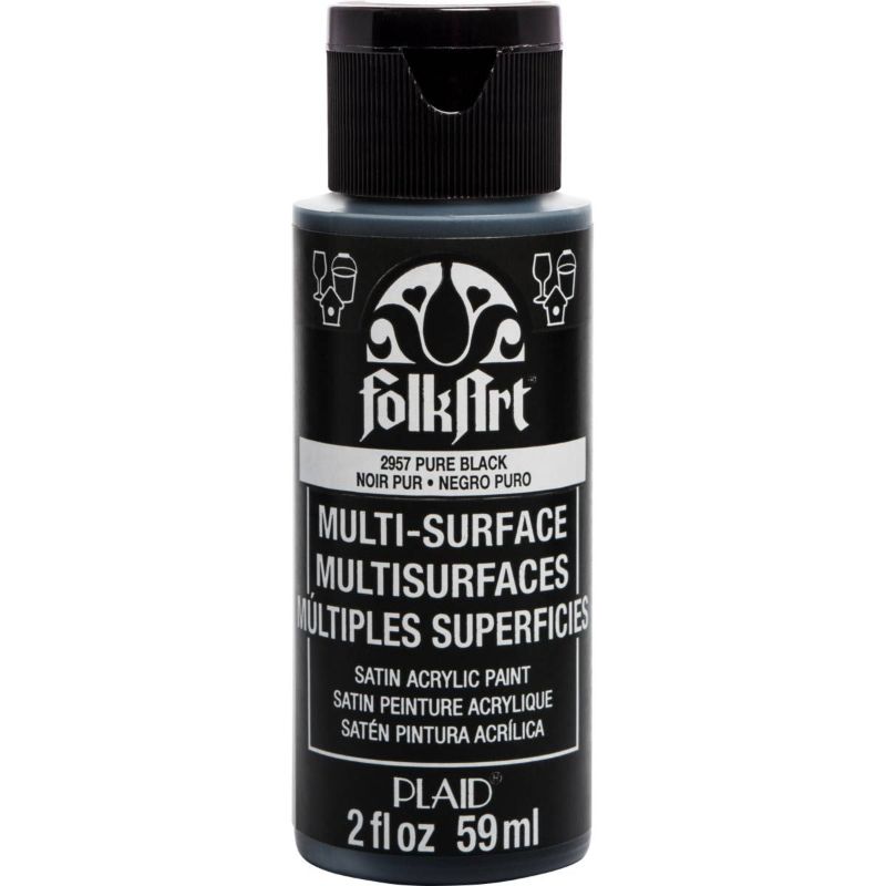 Folk Art Multi-Surface Acrylic Paint in Pure Black, 2oz bottle, ideal for versatile applications on various surfaces.