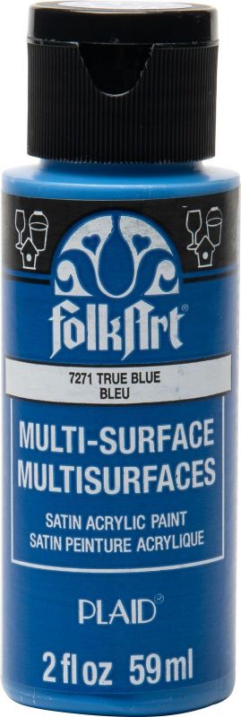 Folk Art TRUE BLUE acrylic paint in a 2oz tub, ideal for multi-surface use with a creamy consistency and satin finish.
