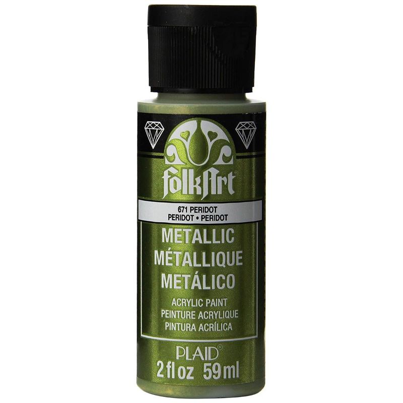 Folk Art Acrylic Metallic Paint in Peridot K671, 2oz bottle, perfect for shimmering DIY projects on various surfaces.
