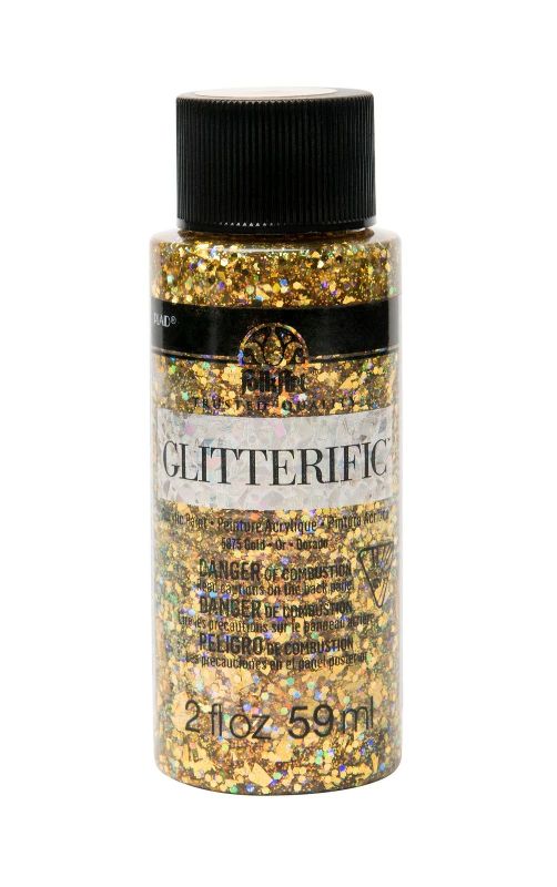 Folk Art Glitterific Acrylic Paint in GOLD, 2 oz, featuring fine glitter for a sparkling finish on various surfaces.