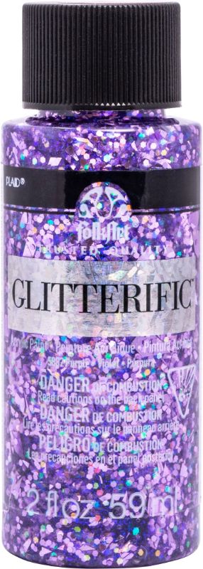 Folk Art Glitterific Acrylic Paint in purple, 20 oz, features fine glitter for a sparkling finish on various surfaces.
