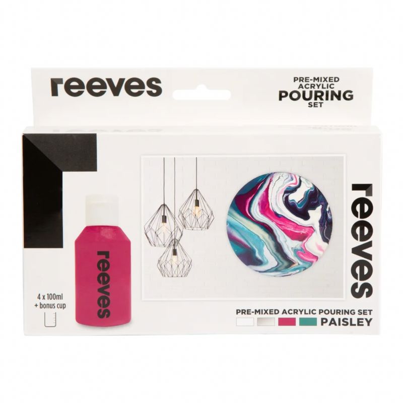 Vibrant Reeves acrylic pour paint set of 4, pre-mixed for easy use, includes a pouring cup for creative abstract art.