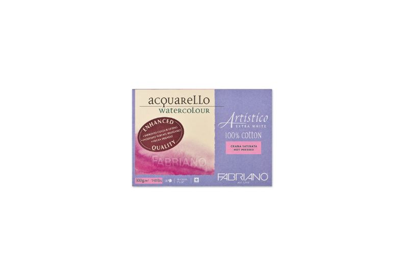 Fabriano Artistico 300gsm hot press watercolor block with 20 ultra-smooth extra white sheets for vibrant pigment retention.