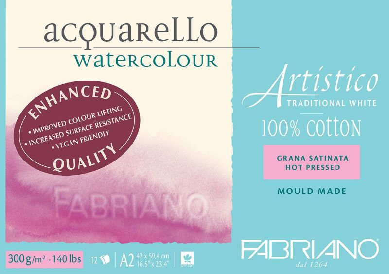 Premium Fabriano Artistico 300gsm hot press watercolor pad, 12 sheets of 100% cotton paper for vibrant, detailed artwork.