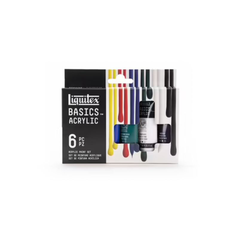 Set of six 22ml Liquitex Basics Acrylic Paint tubes in vibrant primary colors for versatile artistic applications.