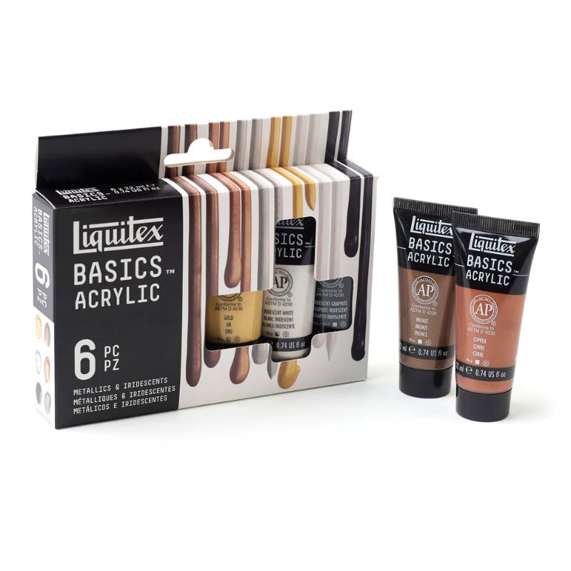Set of 6 Liquitex Basics acrylic paints in metallic and iridescent colors, 22ml tubes, ideal for artists and crafting.