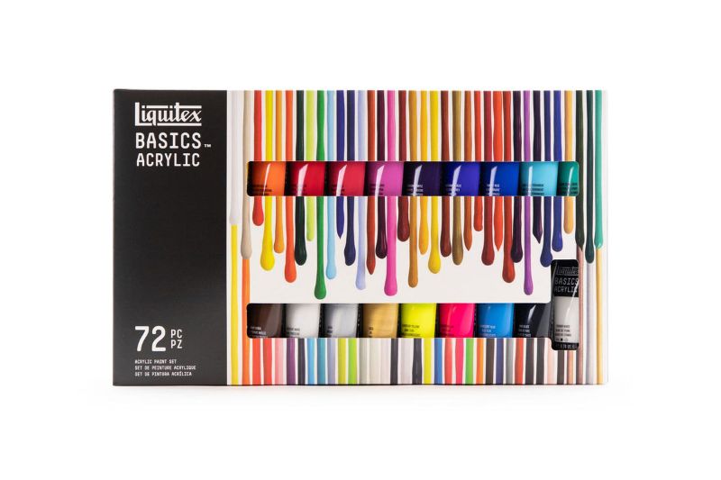 Set of 72 Liquitex Basics Acrylic Paints, 22ml tubes, featuring vibrant colors and a heavy body formula for detailed artwork.
