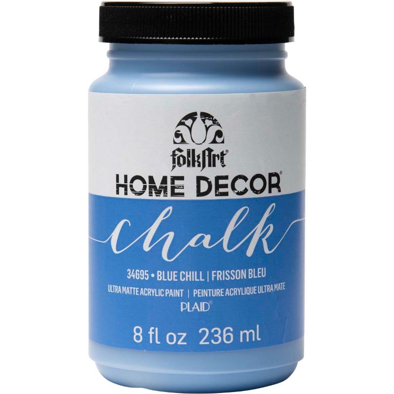 Folk Art Blue Chill chalk acrylic paint in 8oz, ultra-matte finish, perfect for various surfaces and easy distressing.