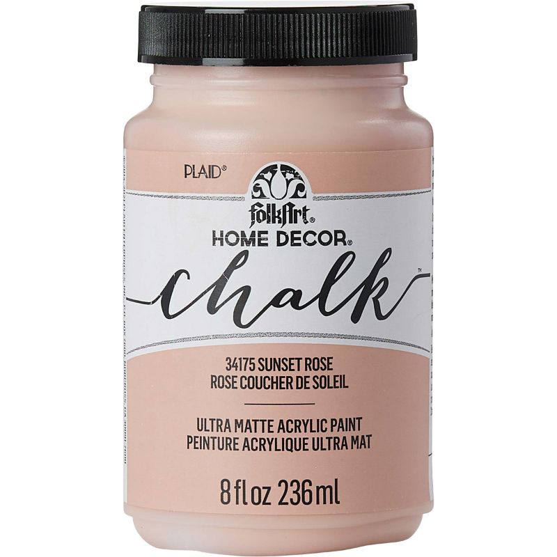 Folk Art Sunset Rose chalk paint in 8oz, ultra-matte finish for versatile DIY home decor projects on various surfaces.