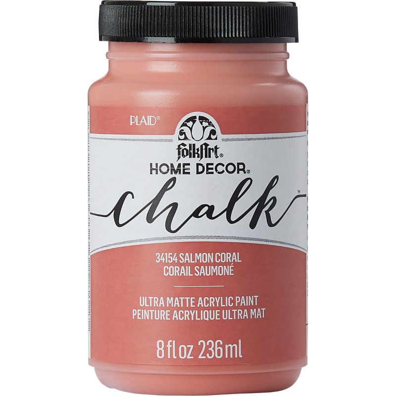 Salmon Coral chalk acrylic paint in an 8oz bottle, perfect for versatile home decor projects with an ultra-matte finish.