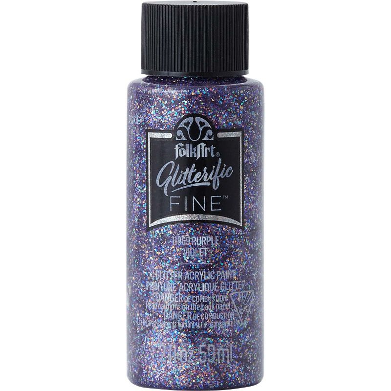 Vibrant purple Folk Art Glitterific Acrylic Paint, infused with fine glitter for shimmering arts and crafts projects.