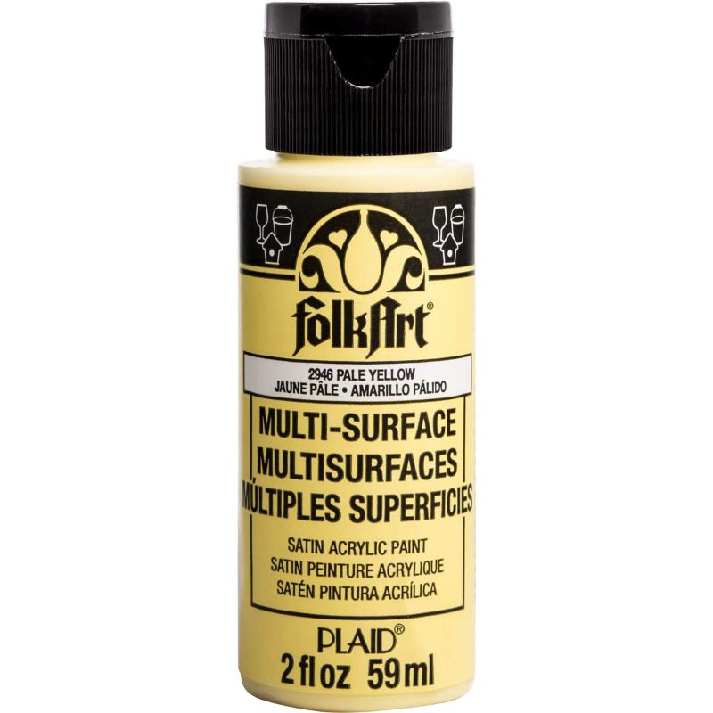 Folk Art multi-surface acrylic paint in pale yellow, 2oz bottle, ideal for diverse crafting surfaces with a satin finish.