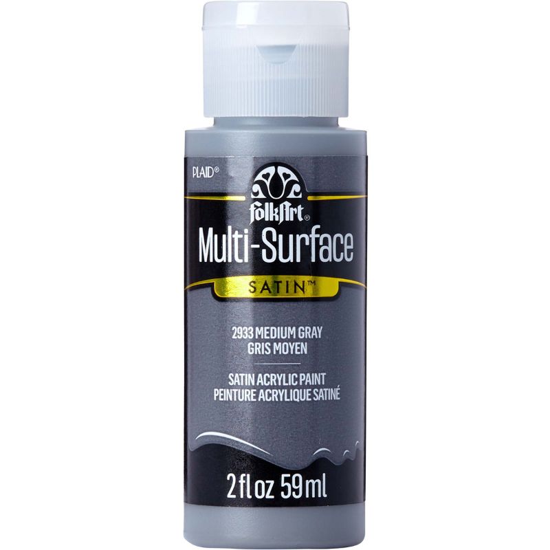 Folk Art Medium Gray Acrylic Paint in 2oz bottle, versatile for various surfaces with a smooth, satin finish.