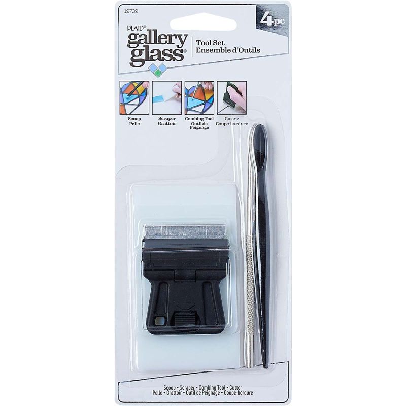 Alt text: "Plaid Gallery Glass Tool 4 Pieces set featuring scraper, metal pick, cutter, and scoop for creating stained glass art."