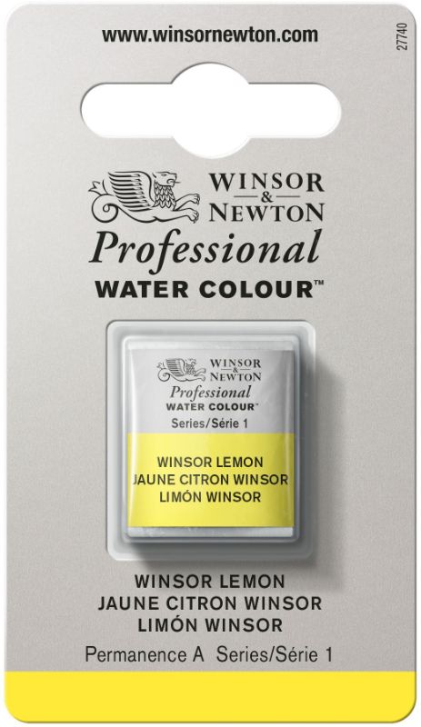 Winsor & Newton Professional Watercolour Half Pan in Winsor Lemon, vibrant yellow for bright, transparent watercolour art.