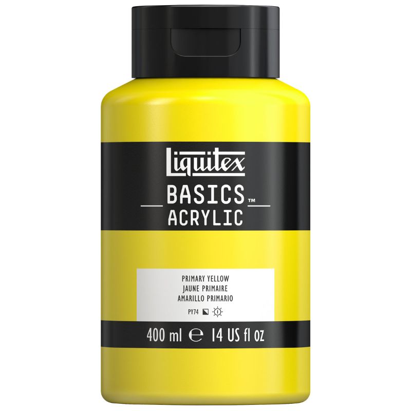 Vibrant 400ml primary yellow acrylic paint from Liquitex, perfect for artists seeking quality and affordability.