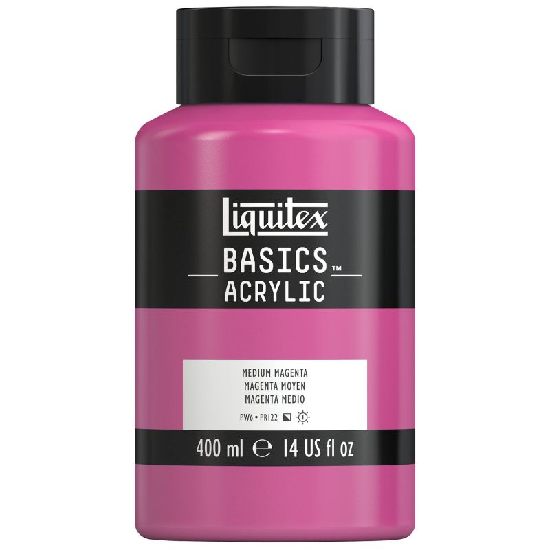 Liquitex Basics Acrylic Paint 400ml in Medium Magenta, offering vibrant color, lightfastness, and versatility for all artists.