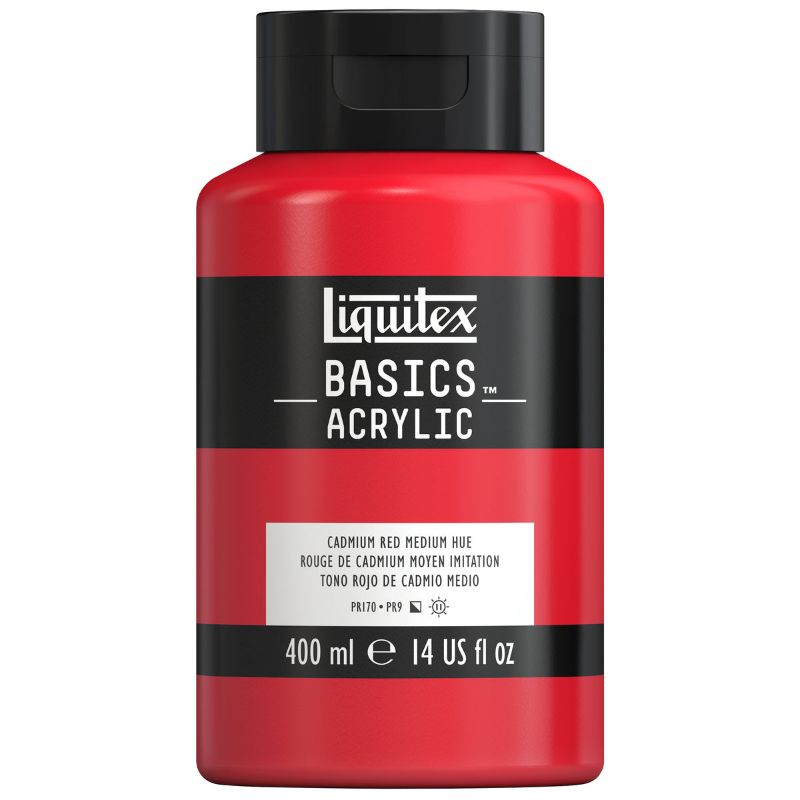 A 400ml bottle of Liquitex Basics Acrylic Paint in vibrant CAD Red Medium Hue, perfect for artists of all levels.